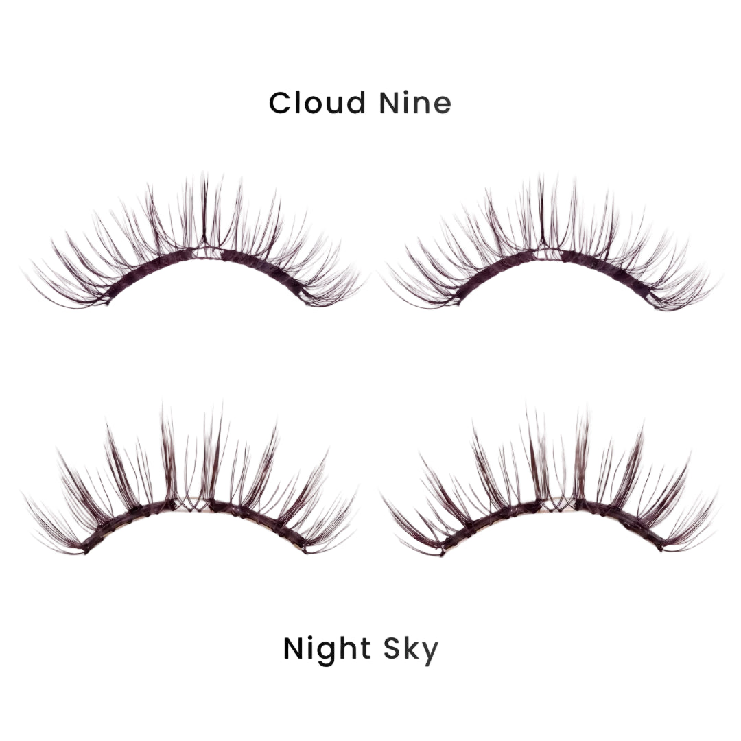 Cloud Nine and Night Sky reusable magnetic eyelashes by Skyra Beauty, featuring wispy, lightweight lash styles on a white background.