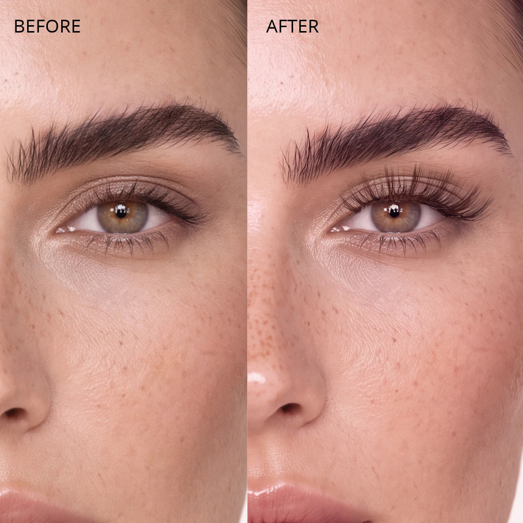 Before and after applying Skyra Beauty magnetic eyelashes for a fuller lash look
