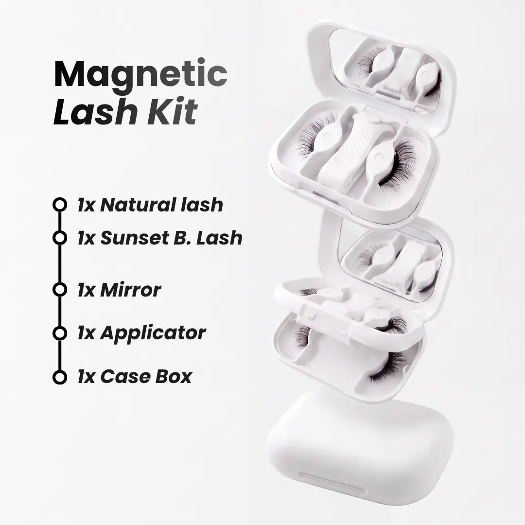 picture of what contain a Skyra lash kit, natural set, sunset brown set, one applicator, one mirror 