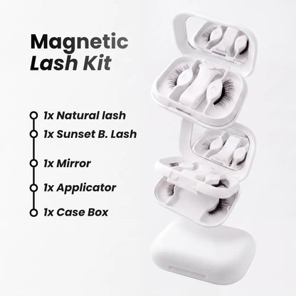 picture of what contain a Skyra lash kit, natural set, sunset brown set, one applicator, one mirror 