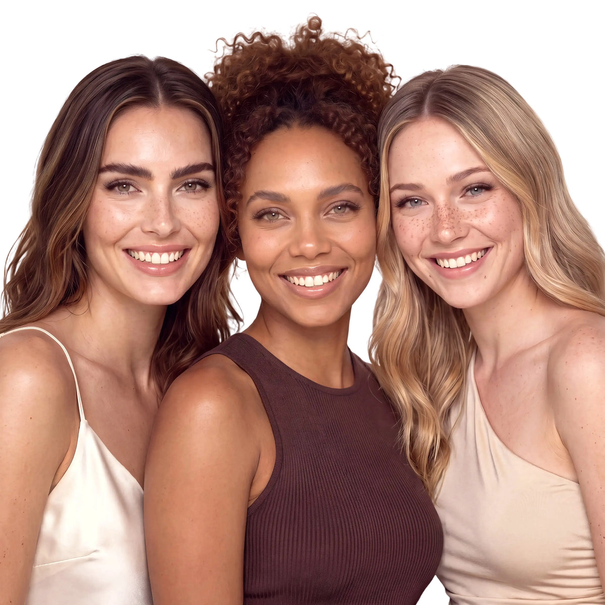 Three women wearing Skyra Beauty magnetic eyelashes with natural defined eyes