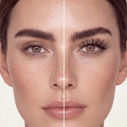 Before and after comparison showing Skyra magnetic eyelashes on one eye