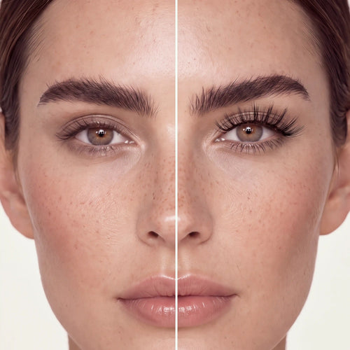 Before and after comparison showing Skyra magnetic eyelashes on one eye