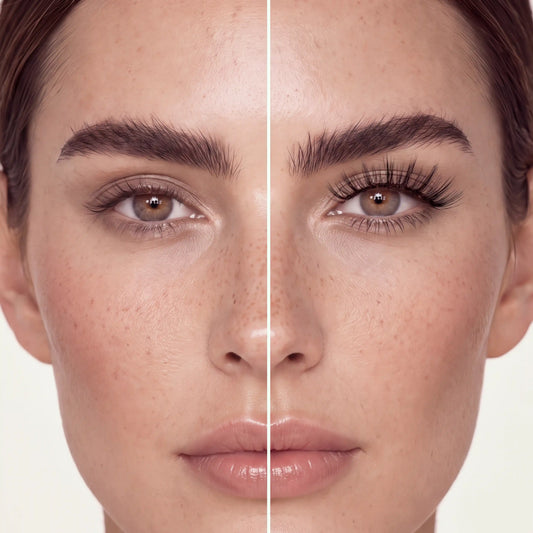 Before and after comparison showing Skyra magnetic eyelashes on one eye