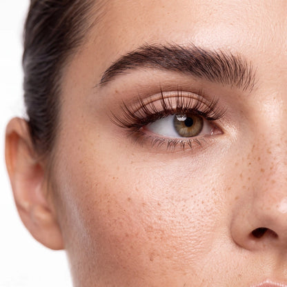 Close-up of Skyra reusable magnetic eyelashes on woman's eye