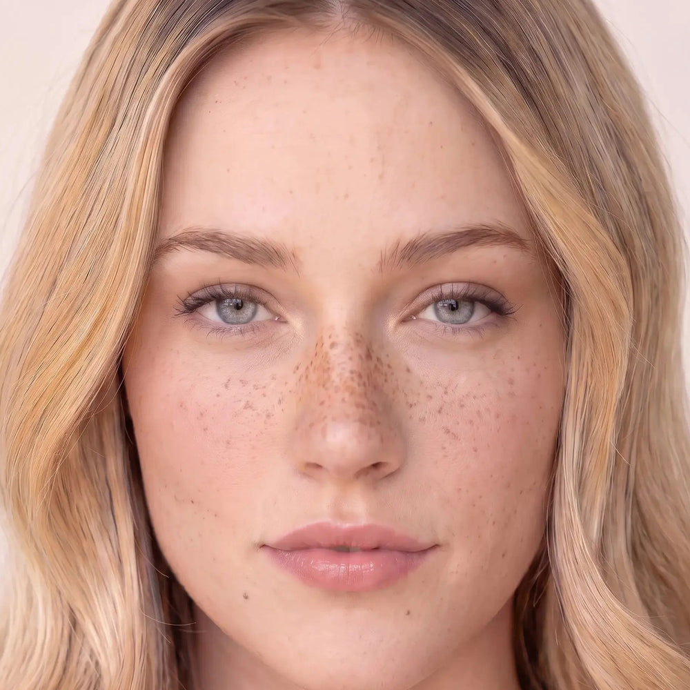 Blonde model with blue eyes wearing SKYRA natural magnetic lashes, natural everyday look
